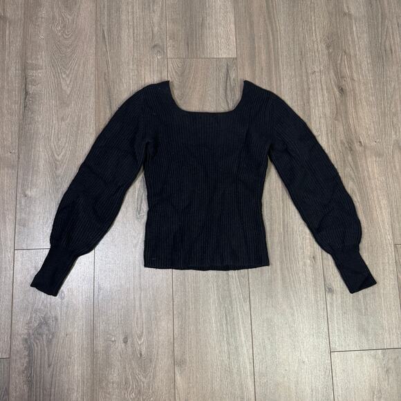 Madewell Soft Wool-Blend Square-Neck Pullover Sweater 2XS Black Blouson Sleeve - Picture 6 of 9